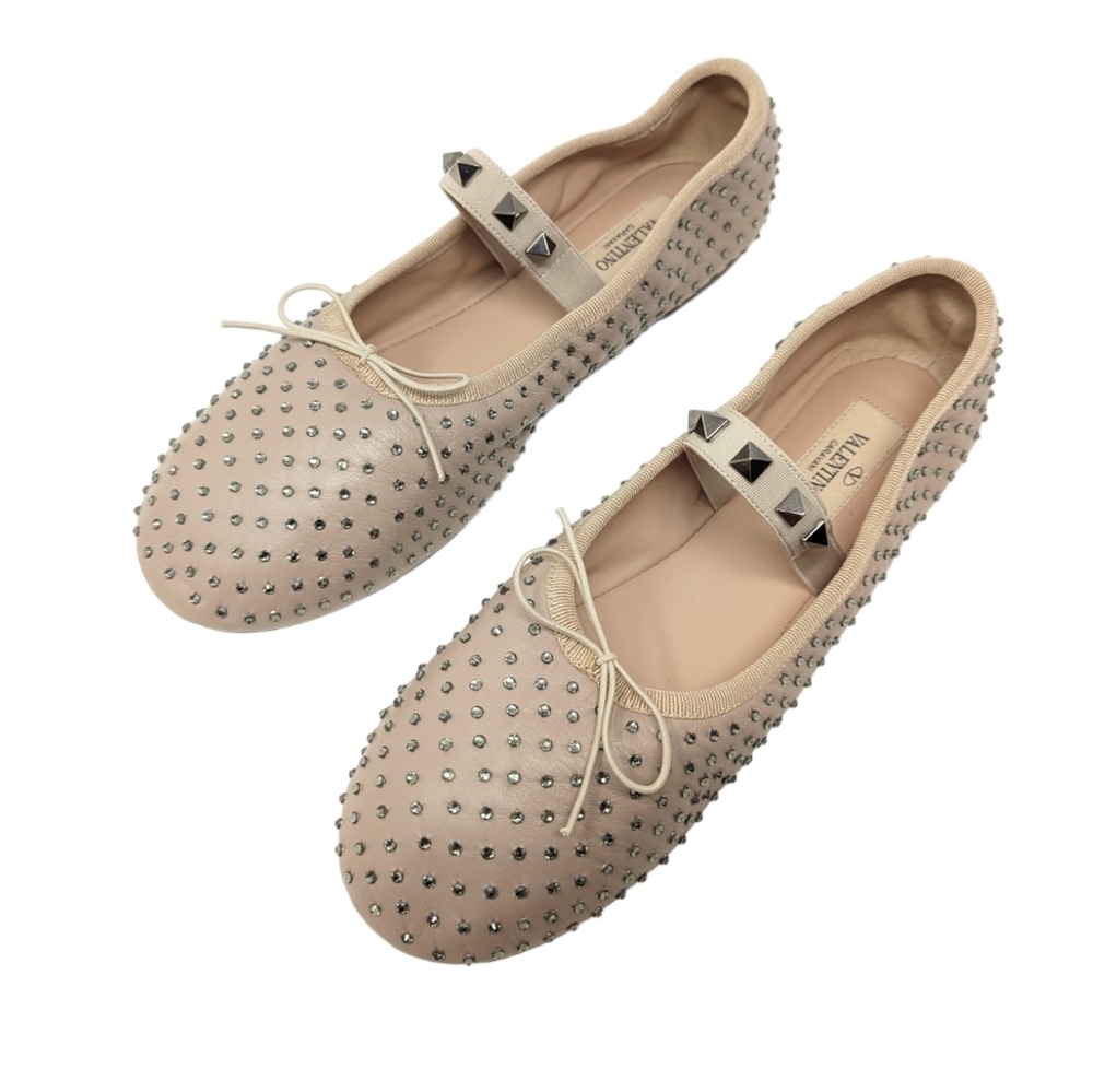 NEW Valentino Garavani Rockstud Crystal Nude Ballet Ballerina Flats Sz EU 39